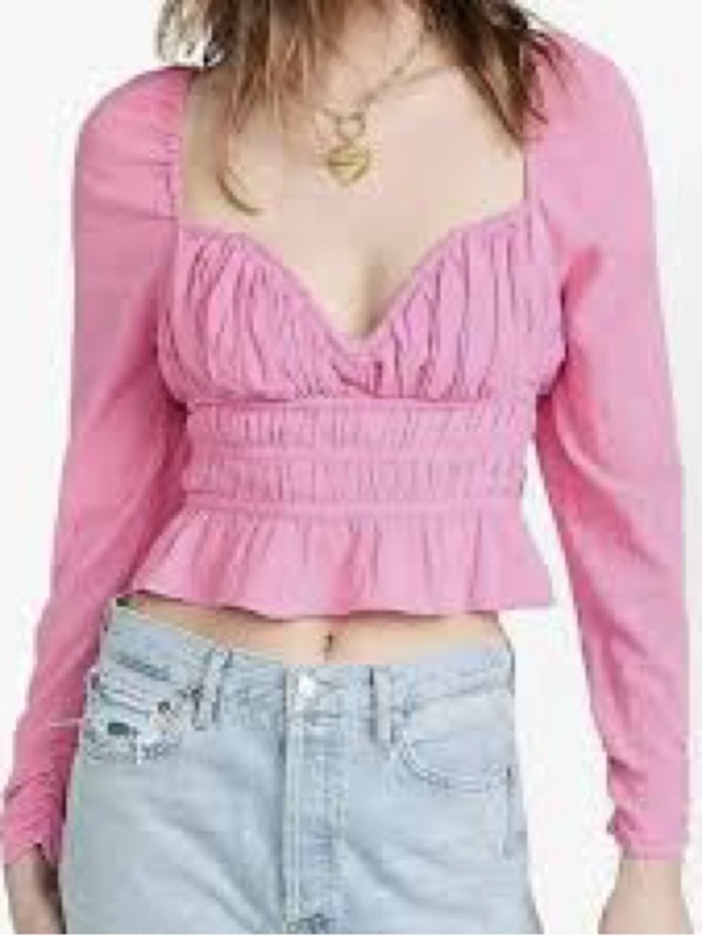 Free People Chloe Cropped Aurora Pink Smocked Ruffle Long-Sleeve Top